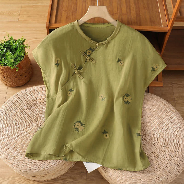 Buddha Stones Camiseta sin mangas de verano estilo Tang con cuello mandarín y bordado floral para mujer. - Verde oliva - US12, UK/AU16, EU44 (2XL) - image 15