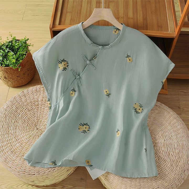 Buddha Stones Camiseta sin mangas de verano estilo Tang con cuello mandarín y bordado floral para mujer. - Azul aciano - US12, UK/AU16, EU44 (2XL) - image 8