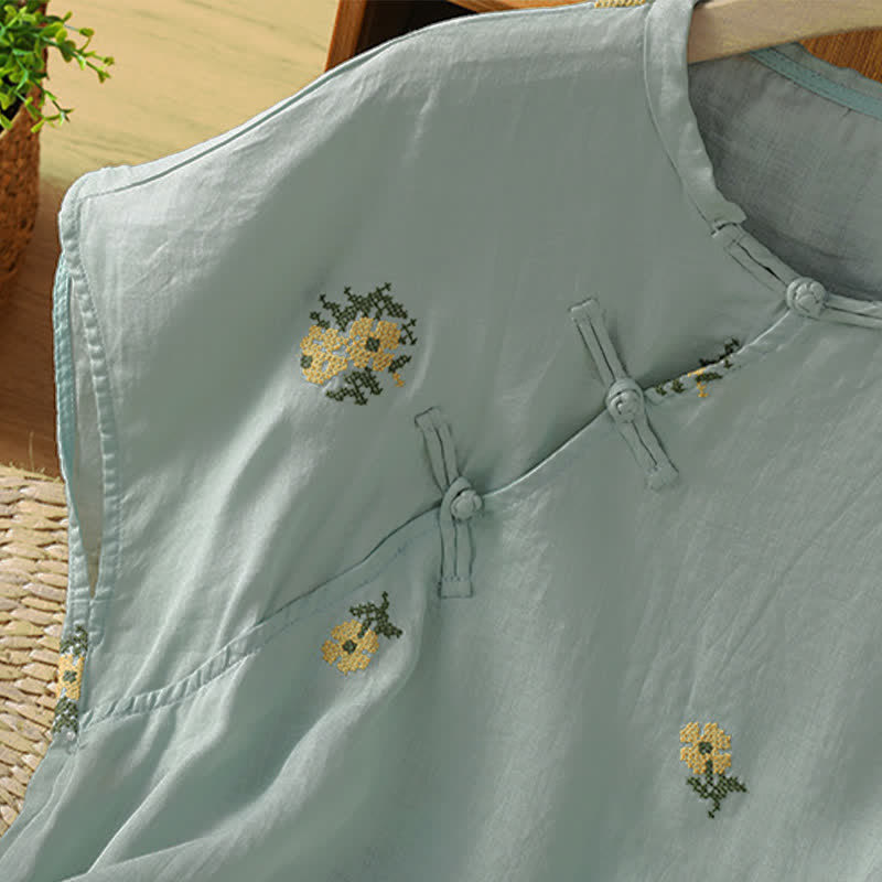 Buddha Stones Camiseta sin mangas de verano estilo Tang con cuello mandarín y bordado floral para mujer. - image 13