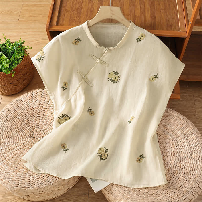 Buddha Stones Camiseta sin mangas de verano estilo Tang con cuello mandarín y bordado floral para mujer. - Blanco - US12, UK/AU16, EU44 (2XL) - image 0