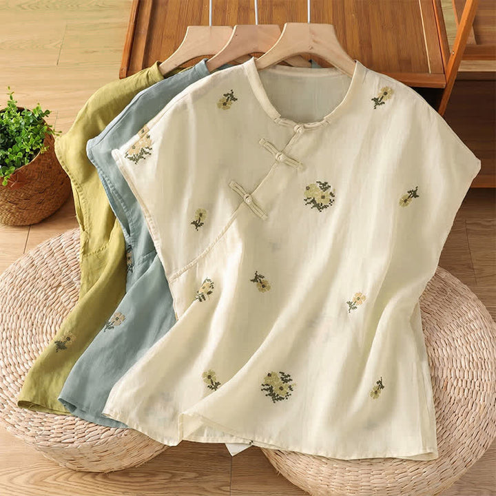 Buddha Stones Camiseta sin mangas de verano estilo Tang con cuello mandarín y bordado floral para mujer. - image 23