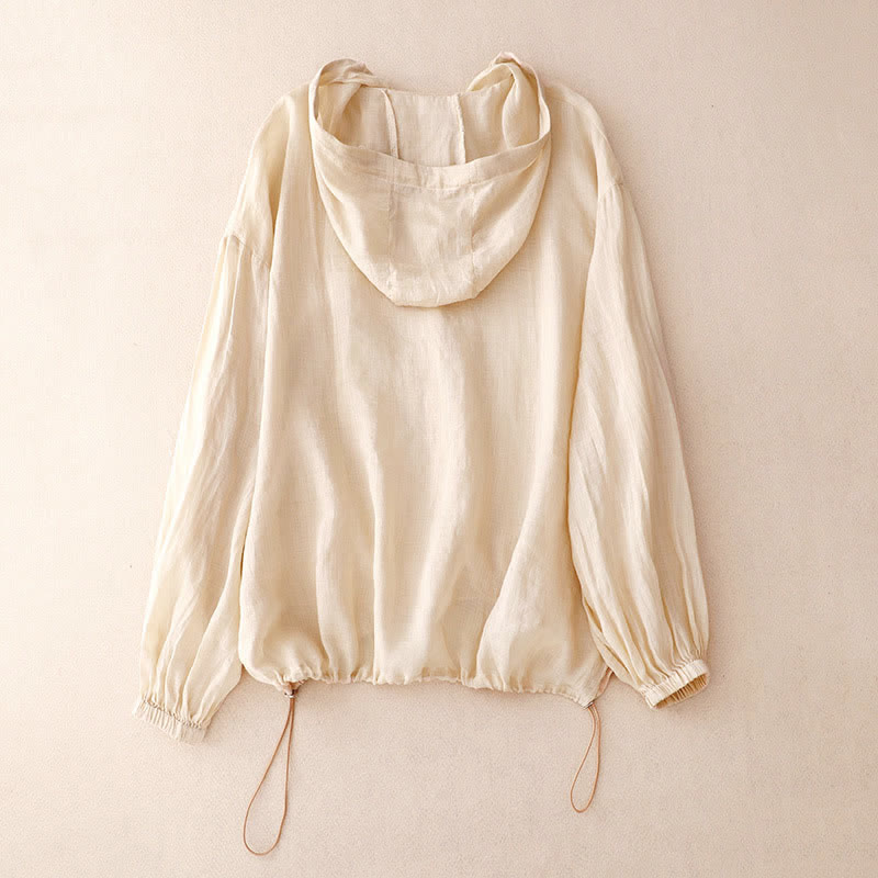 Buddha Stones Camisa de manga larga para mujer, estilo casual de verano, minimalista, con botones, cordón ajustable y bolsillo. - image 1