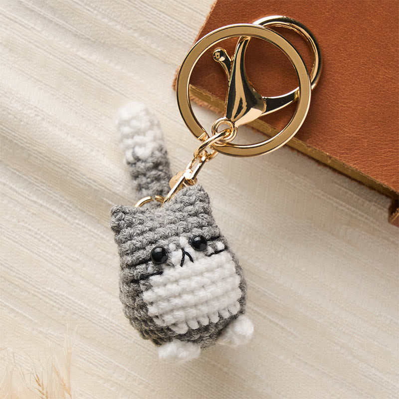 Buddha Stones Llaveros de ganchillo hechos a mano con forma de gato adorable. - Gato gris claro - image 5