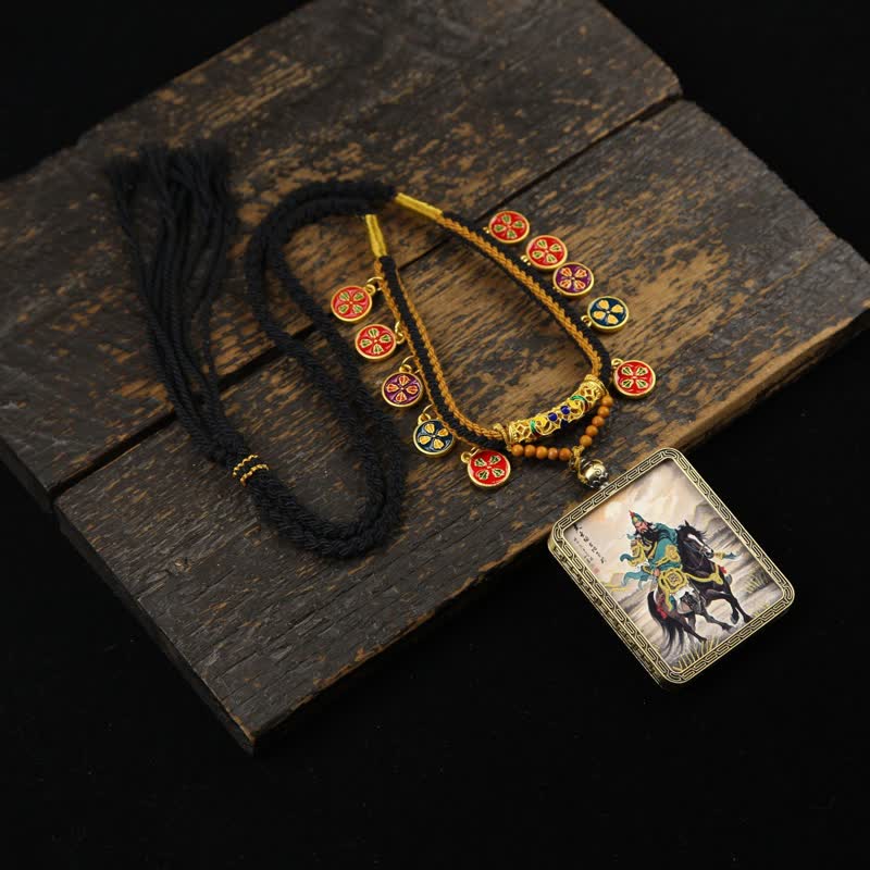 Buddha Stones Collar Thangka con borla trenzada de protección del Señor Guan de Cobre - Señor Guan Thangka montado en un caballo verde - image 9