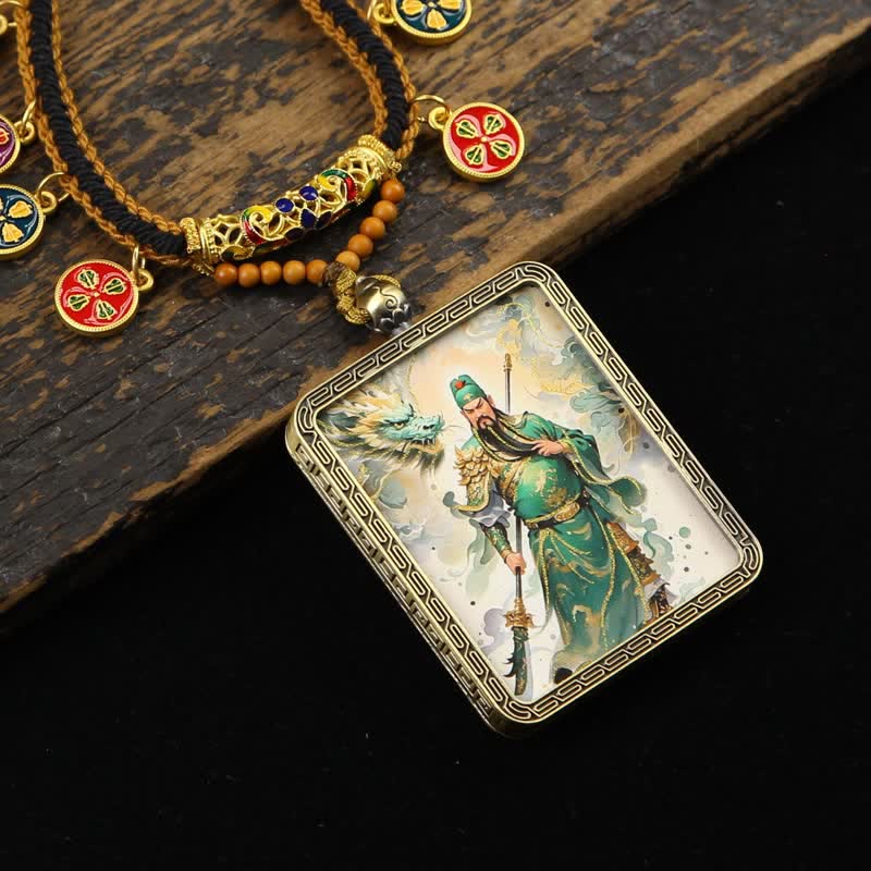 Buddha Stones Collar Thangka con borla trenzada de protección del Señor Guan de Cobre - Thangka verde de cuerpo entero del Señor Guan - image 0