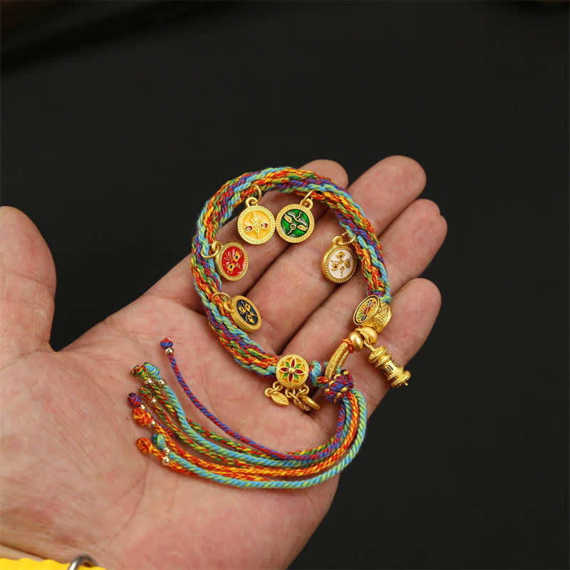 Buddha Stones Pulsera con borla de cuerda trenzada arcoíris Om Mani Padme Hum Sabiduría - image 4