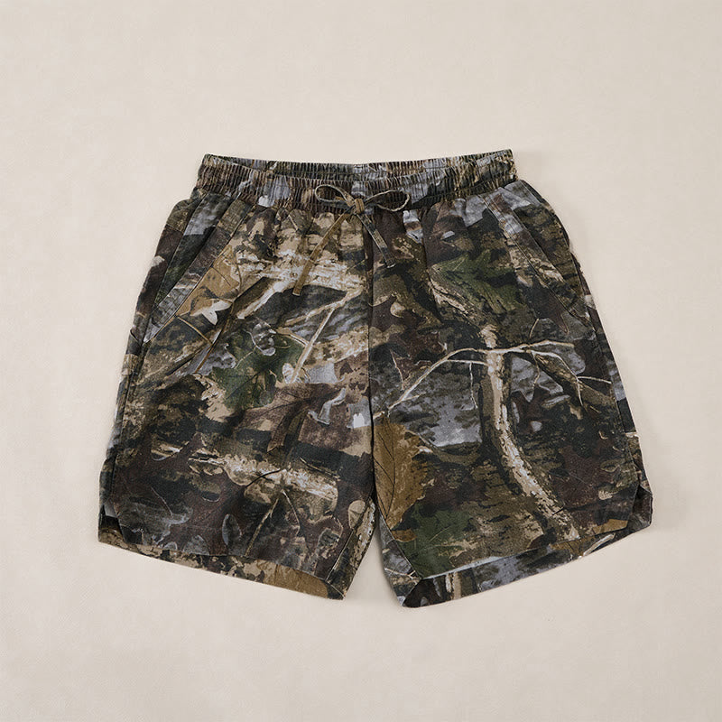 Buddha Stones Pantalones cortos deportivos informales de verano para hombre, con cordón ajustable, estampado de camuflaje de hojas, de algodón y ramio, con bolsillos. - Verde oliva - US/UK/AU44, EU54 (4XL) - image 0