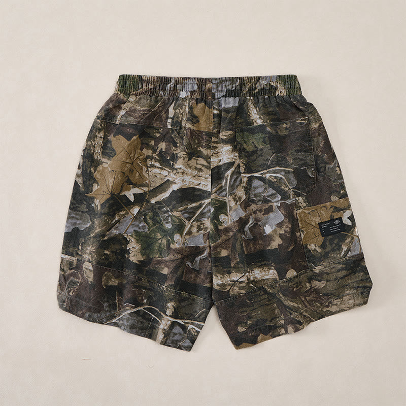 Buddha Stones Pantalones cortos deportivos informales de verano para hombre, con cordón ajustable, estampado de camuflaje de hojas, de algodón y ramio, con bolsillos. - image 1