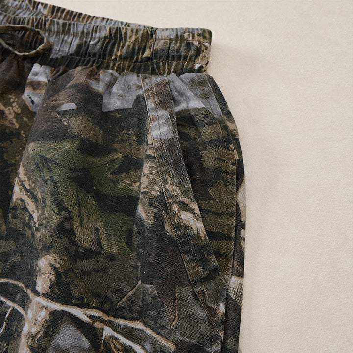 Buddha Stones Pantalones cortos deportivos informales de verano para hombre, con cordón ajustable, estampado de camuflaje de hojas, de algodón y ramio, con bolsillos. - image 4