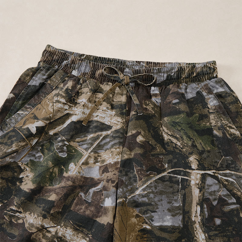 Buddha Stones Pantalones cortos deportivos informales de verano para hombre, con cordón ajustable, estampado de camuflaje de hojas, de algodón y ramio, con bolsillos. - image 2