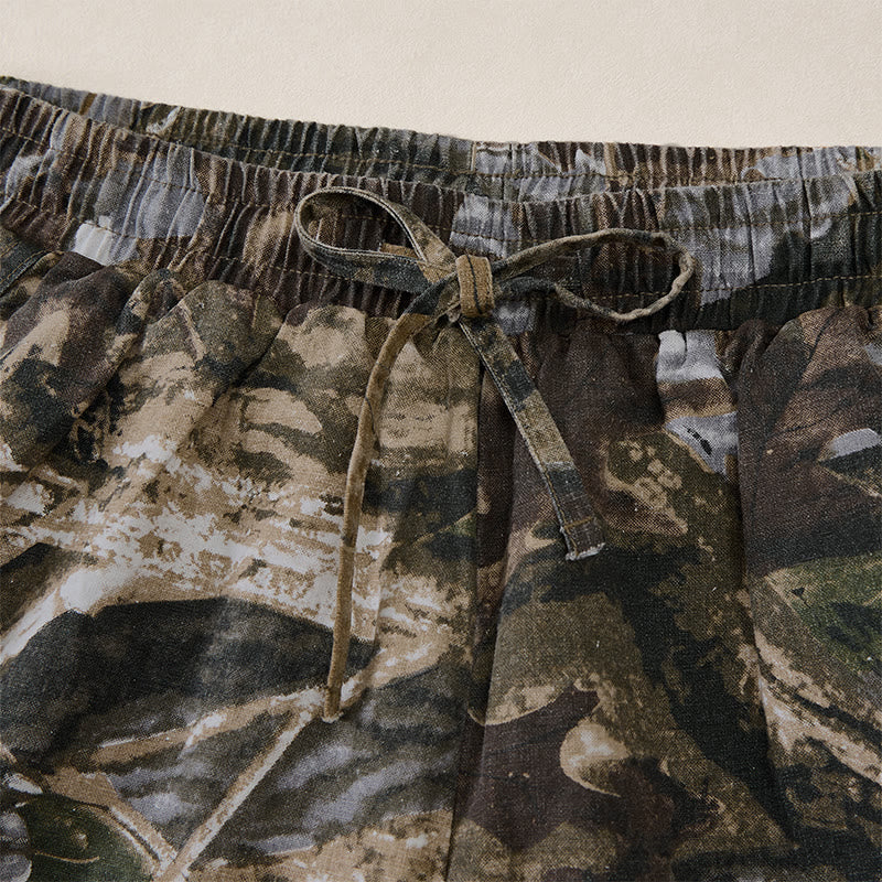 Buddha Stones Pantalones cortos deportivos informales de verano para hombre, con cordón ajustable, estampado de camuflaje de hojas, de algodón y ramio, con bolsillos. - image 3