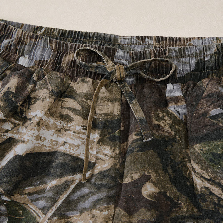 Buddha Stones Pantalones cortos deportivos informales de verano para hombre, con cordón ajustable, estampado de camuflaje de hojas, de algodón y ramio, con bolsillos. - image 3