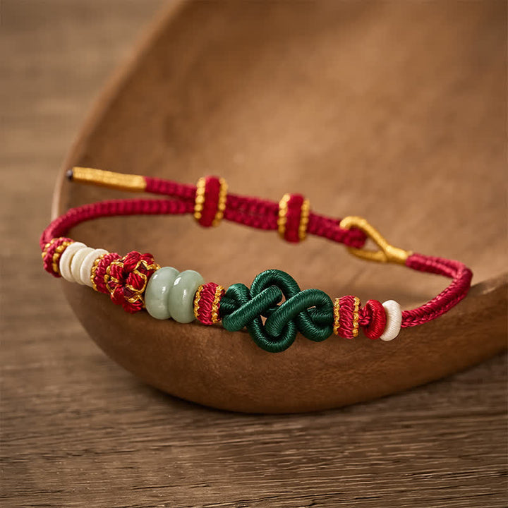 Buddha Stones Pulsera ajustable de jade con nudo Ruyi de flores de durazno trenzado hecho a mano para la buena suerte - image 2