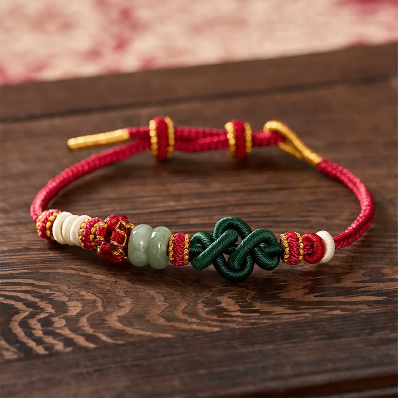 Buddha Stones Pulsera ajustable de jade con nudo Ruyi de flores de durazno trenzado hecho a mano para la buena suerte - 5,9-7,5 pulgadas / 15-19 cm - image 0