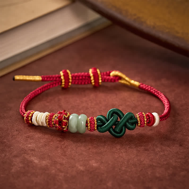 Buddha Stones Pulsera ajustable de jade con nudo Ruyi de flores de durazno trenzado hecho a mano para la buena suerte - image 3