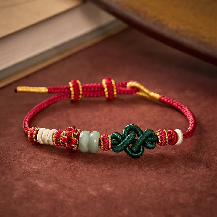 Buddha Stones Pulsera ajustable de jade con nudo Ruyi de flores de durazno trenzado hecho a mano para la buena suerte - image 3