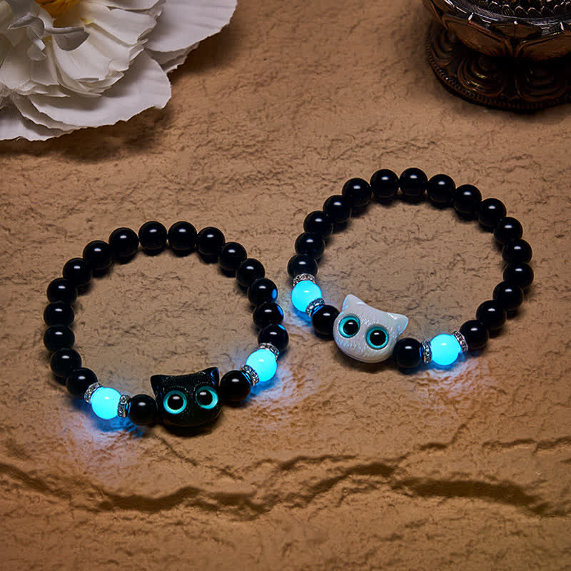 Buddha Stones Pulsera de cuentas de protección con forma de gato de ojos grandes y bonito de obsidiana negra - image 0