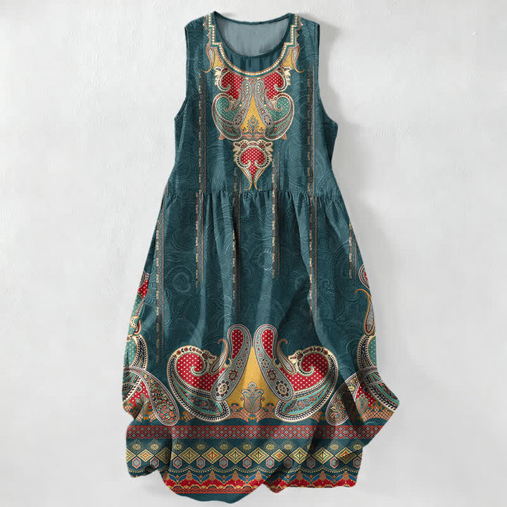 Buddha Stones Vestido midi de verano informal para mujer con estampado de cachemir persa y bolsillos. - Verde azulado - US16，UK/AU20，EU48 (3XL) - image 0