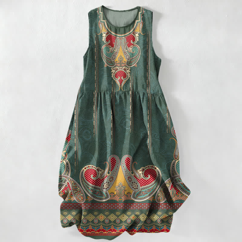 Buddha Stones Vestido midi de verano informal para mujer con estampado de cachemir persa y bolsillos. - Verde bosque - US16，UK/AU20，EU48 (3XL) - image 4