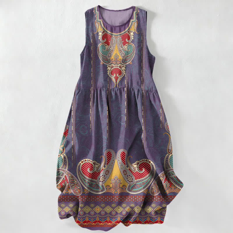 Buddha Stones Vestido midi de verano informal para mujer con estampado de cachemir persa y bolsillos. - Azul pizarra - US16，UK/AU20，EU48 (3XL) - image 5