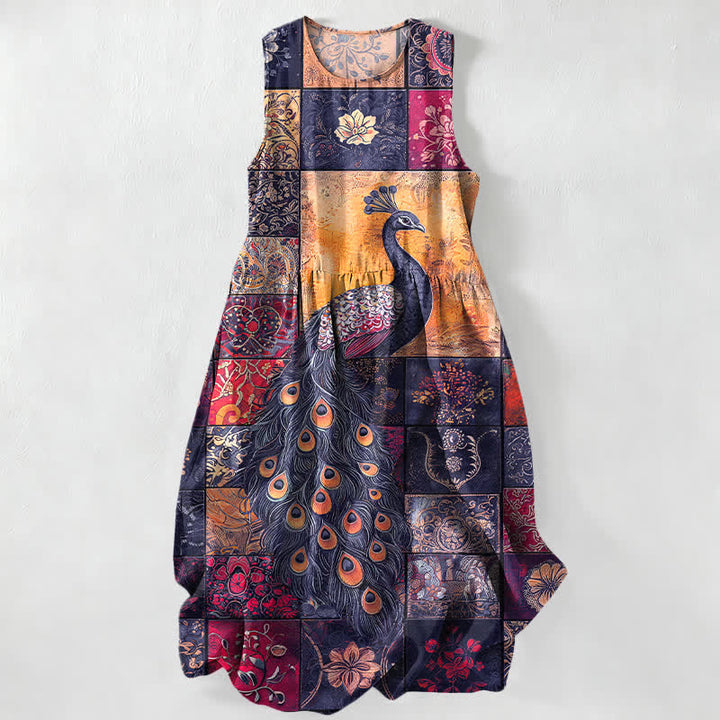 Buddha Stones Vestido midi de verano informal para mujer con estampado de retazos de pavo real y bolsillos. - Índigo - US16，UK/AU20，EU48 (3XL) - image 4
