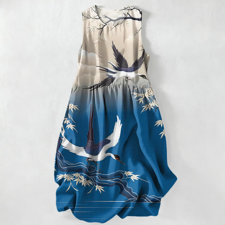 Buddha Stones Vestido midi de verano informal para mujer con estampado de grullas y bambú, sin mangas y con bolsillos. - Azul real - US16，UK/AU20，EU48 (3XL) - image 0
