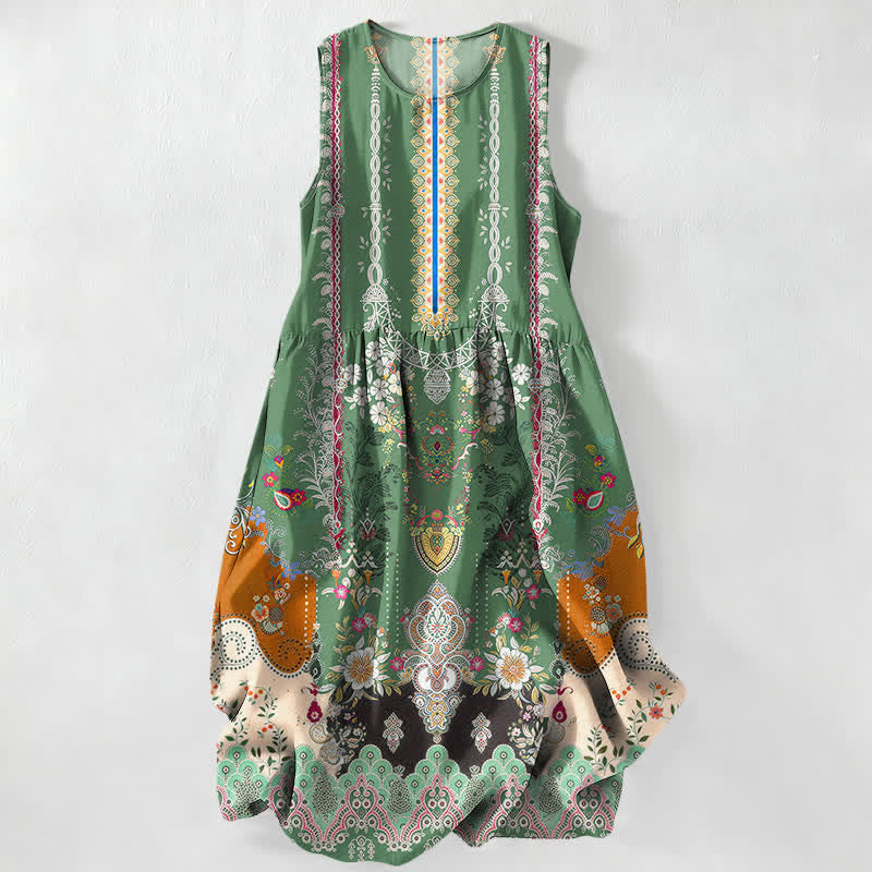 Buddha Stones Vestido midi de verano informal vintage para mujer con estampado de medallones florales y hojas, sin mangas y con bolsillos. - Verde bosque - US16，UK/AU20，EU48 (3XL) - image 4