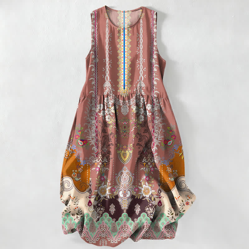 Buddha Stones Vestido midi de verano informal vintage para mujer con estampado de medallones florales y hojas, sin mangas y con bolsillos. - rosa claro - US16，UK/AU20，EU48 (3XL) - image 5