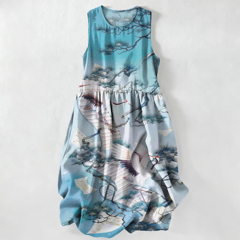 Buddha Stones Vestido midi de verano informal para mujer con estampado de grullas y pinos, color azul tinta, sin mangas y con bolsillos. - Azul claro - US16，UK/AU20，EU48 (3XL) - image 0