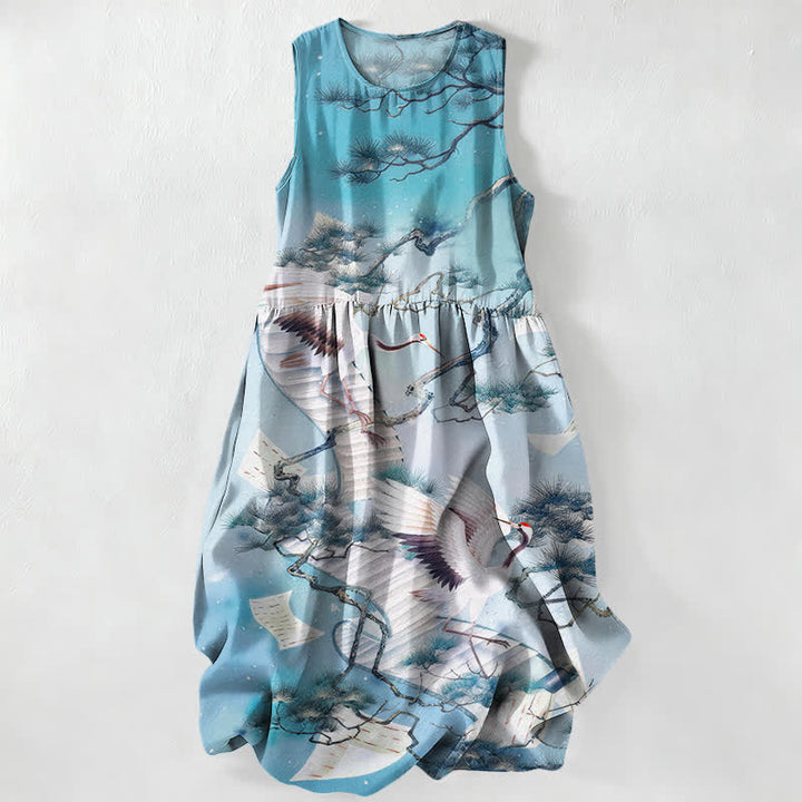 Buddha Stones Vestido midi de verano informal para mujer con estampado de grullas y pinos, color azul tinta, sin mangas y con bolsillos. - Azul claro - US16，UK/AU20，EU48 (3XL) - image 0