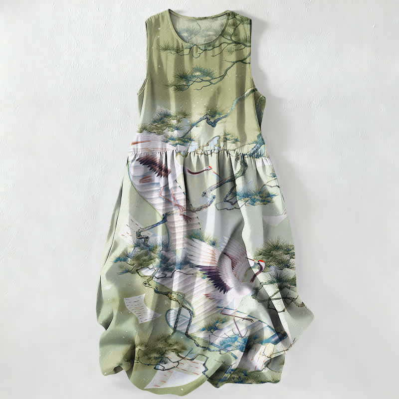 Buddha Stones Vestido midi de verano informal para mujer con estampado de grullas y pinos, color azul tinta, sin mangas y con bolsillos. - Verde pálido - US16，UK/AU20，EU48 (3XL) - image 4