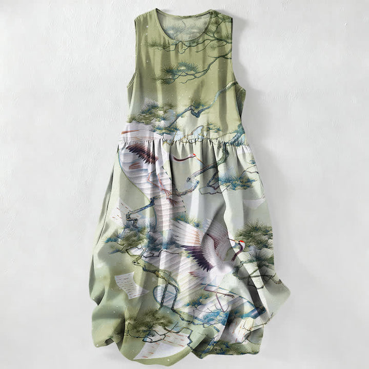 Buddha Stones Vestido midi de verano informal para mujer con estampado de grullas y pinos, color azul tinta, sin mangas y con bolsillos. - Verde pálido - US16，UK/AU20，EU48 (3XL) - image 4