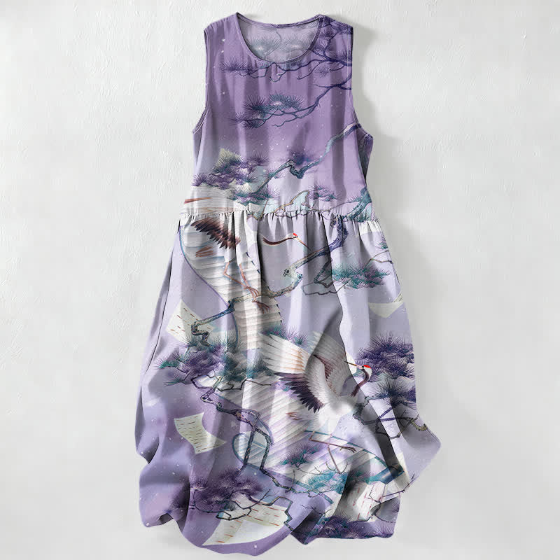 Buddha Stones Vestido midi de verano informal para mujer con estampado de grullas y pinos, color azul tinta, sin mangas y con bolsillos. - Lavanda - US16，UK/AU20，EU48 (3XL) - image 5