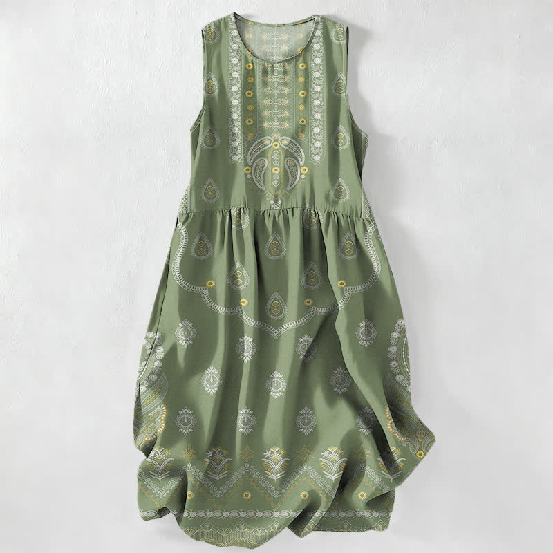Buddha Stones Vestido midi de verano informal estilo bohemio con estampado de medallón y cachemir para mujer, sin mangas y con bolsillos. - Verde oliva - US16，UK/AU20，EU48 (3XL) - image 4