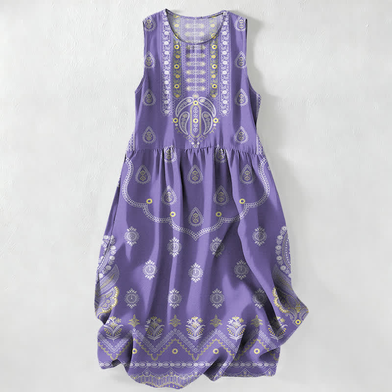 Buddha Stones Vestido midi de verano informal estilo bohemio con estampado de medallón y cachemir para mujer, sin mangas y con bolsillos. - Lavanda - US16，UK/AU20，EU48 (3XL) - image 5
