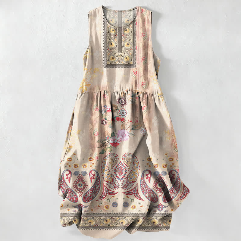 Buddha Stones Vestido midi de verano informal vintage para mujer con estampado de medallones florales y hojas, sin mangas y con bolsillos. - Old Lace - US16，UK/AU20，EU48 (3XL) - image 0
