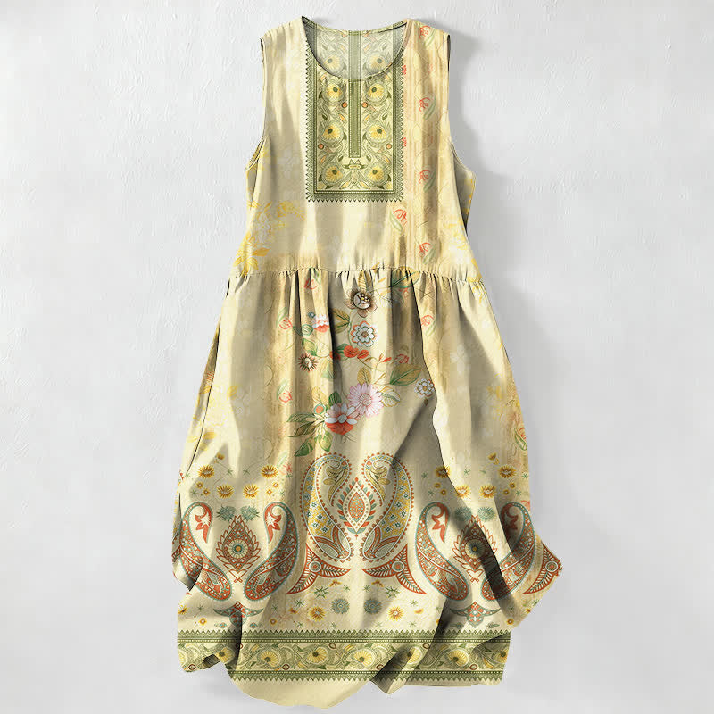 Buddha Stones Vestido midi de verano informal vintage para mujer con estampado de medallones florales y hojas, sin mangas y con bolsillos. - Amarillo - US16，UK/AU20，EU48 (3XL) - image 4