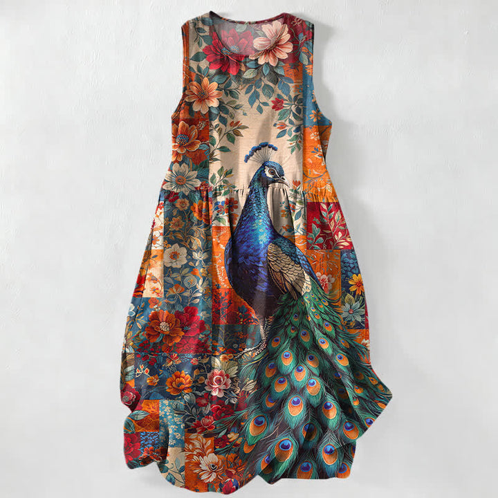 Buddha Stones Vestido midi de verano informal para mujer con estampado floral de pavo real y patchwork, sin mangas y con bolsillos. - Coral - US16，UK/AU20，EU48 (3XL) - image 0