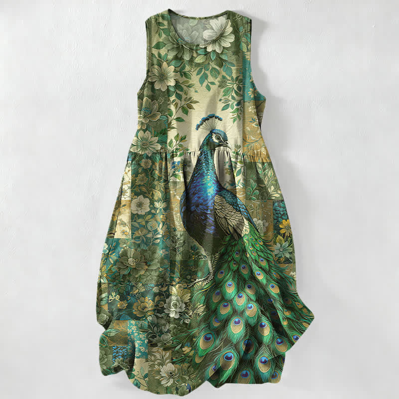 Buddha Stones Vestido midi de verano informal para mujer con estampado floral de pavo real y patchwork, sin mangas y con bolsillos. - Verde oliva - US16，UK/AU20，EU48 (3XL) - image 4