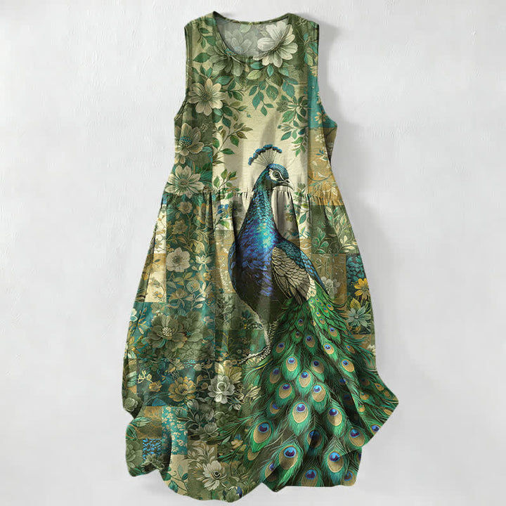 Buddha Stones Vestido midi de verano informal para mujer con estampado floral de pavo real y patchwork, sin mangas y con bolsillos. - Verde oliva - US16，UK/AU20，EU48 (3XL) - image 4