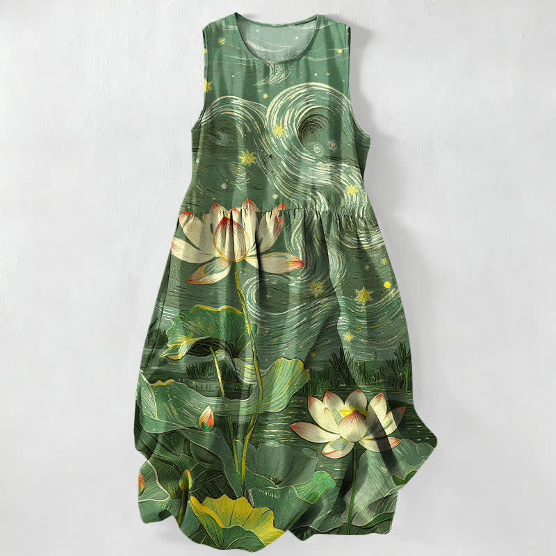 Buddha Stones Vestido midi de verano informal para mujer con estampado de remolinos de loto y bolsillos. - Verdemar - US16，UK/AU20，EU48 (3XL) - image 5