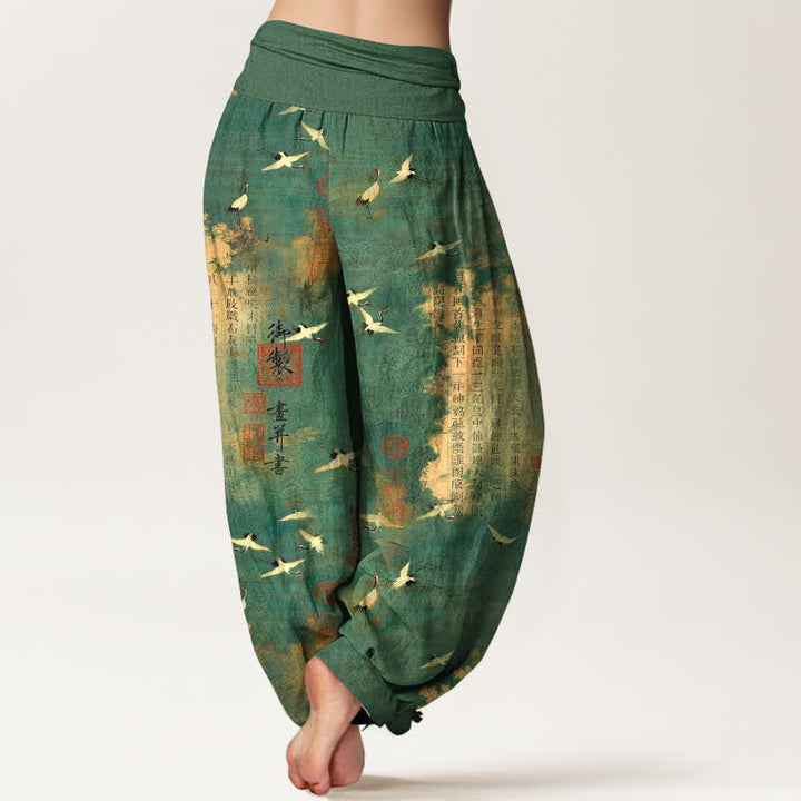 Buddha Stones Pantalones harem de algodón con estampado de caligrafía de grulla dorada para mujer con cintura elástica. - image 2
