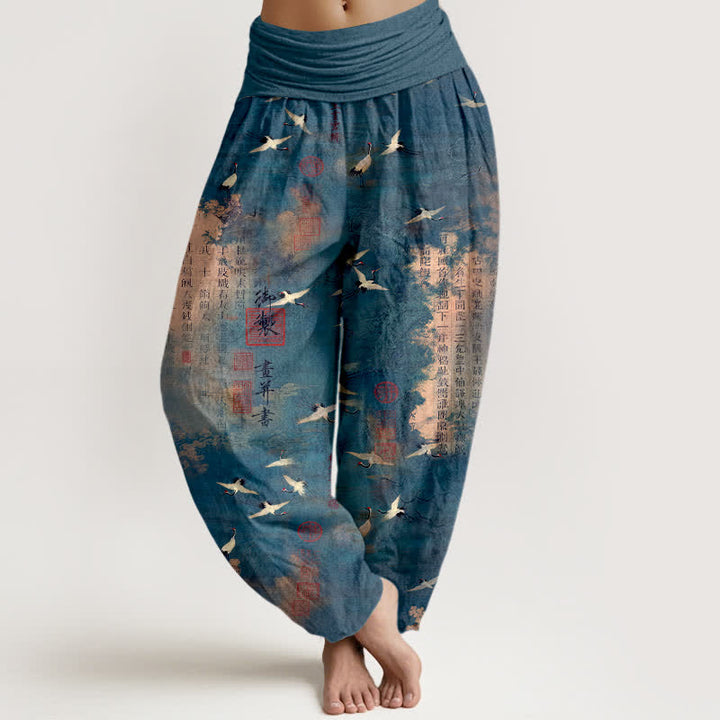 Buddha Stones Pantalones harem de algodón con estampado de caligrafía de grulla dorada para mujer con cintura elástica. - Azul acero - US16，UK/AU20，EU48 (3XL) - image 5