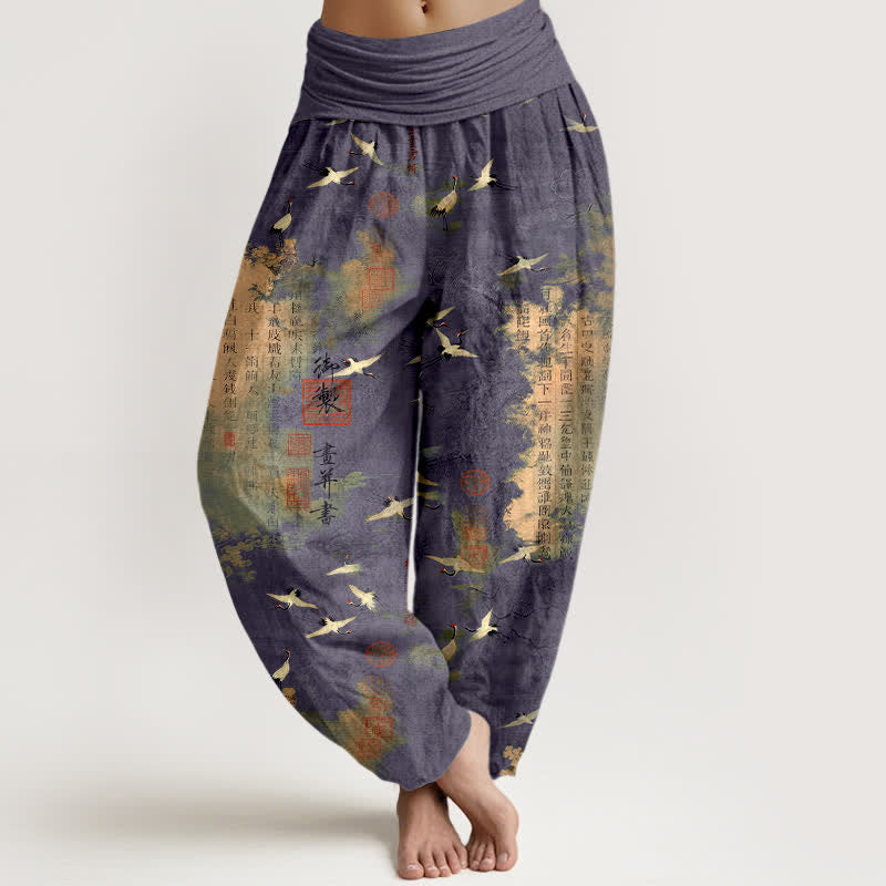 Buddha Stones Pantalones harem de algodón con estampado de caligrafía de grulla dorada para mujer con cintura elástica. - Azul pizarra - US16，UK/AU20，EU48 (3XL) - image 8