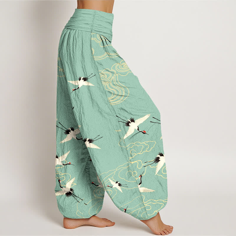 Buddha Stones Pantalones harem de algodón con estampado de grullas voladoras y cintura elástica para mujer. - image 1