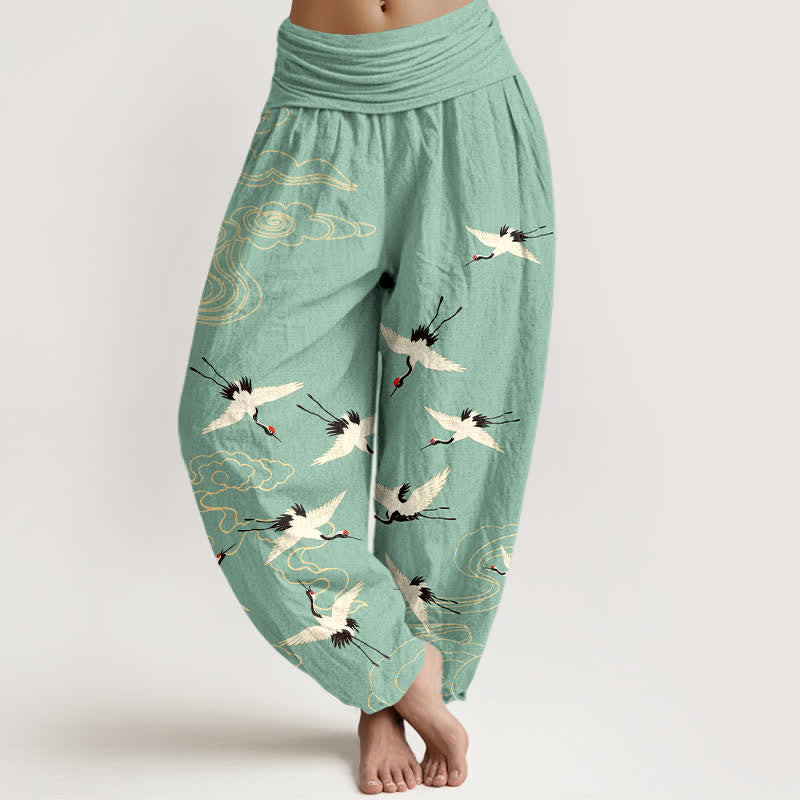 Buddha Stones Pantalones harem de algodón con estampado de grullas voladoras y cintura elástica para mujer. - Aguamarina medio - US16，UK/AU20，EU48 (3XL) - image 0