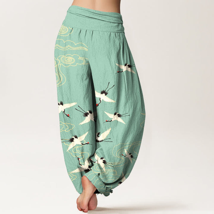 Buddha Stones Pantalones harem de algodón con estampado de grullas voladoras y cintura elástica para mujer. - image 2