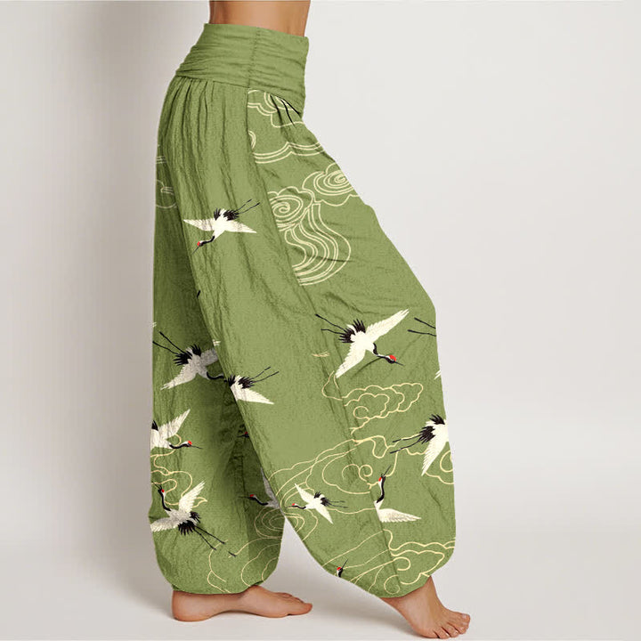 Buddha Stones Pantalones harem de algodón con estampado de grullas voladoras y cintura elástica para mujer. - image 6