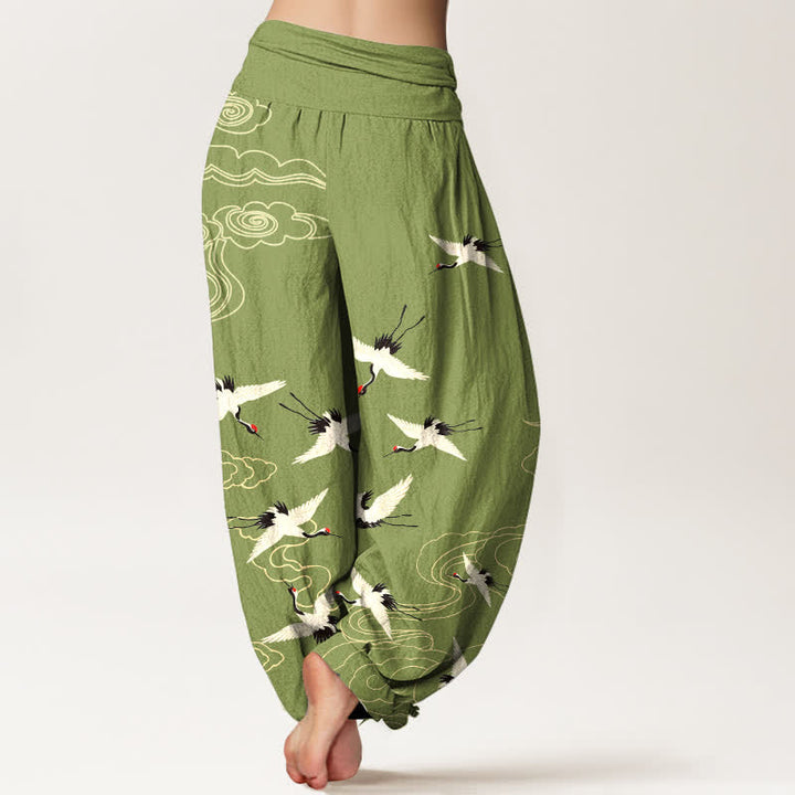 Buddha Stones Pantalones harem de algodón con estampado de grullas voladoras y cintura elástica para mujer. - image 7