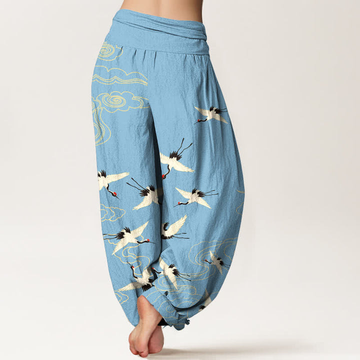 Buddha Stones Pantalones harem de algodón con estampado de grullas voladoras y cintura elástica para mujer. - image 10